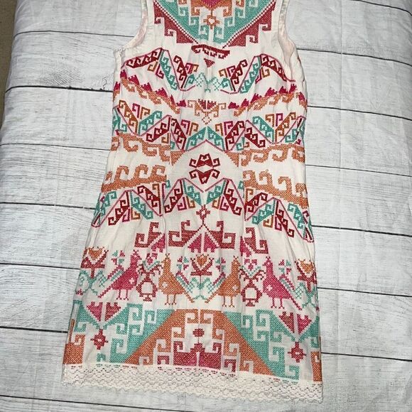 Free People Embroidered Sleeveless Aztec Shift Dress Bird Tribal Linen Blend 0 - Picture 3 of 8